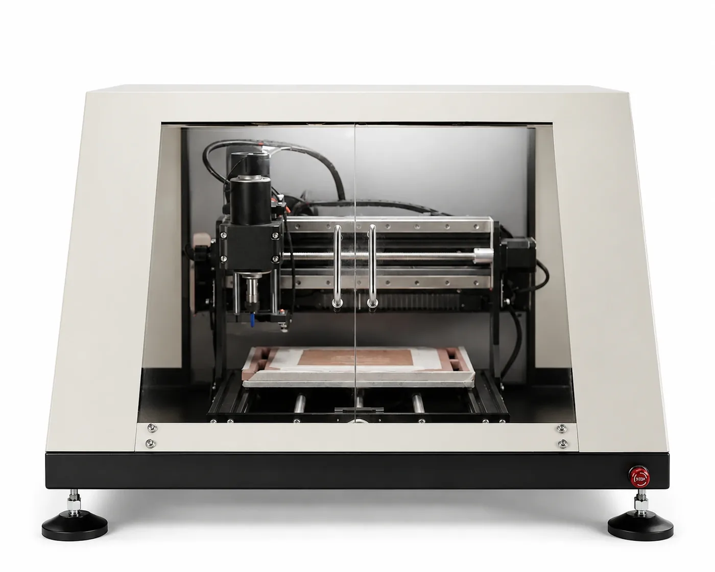 Niloufar Forge 3020, front view with the enclosure and emergency stop
